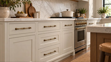 modern beige kitchen cabinets and drawres uising luxury brass cabient hardware as pulls and knobs
