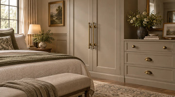 luxury solid brass cabinet pulls used on a bedroom wardrobe and brass knobs used on cabinet and drawers