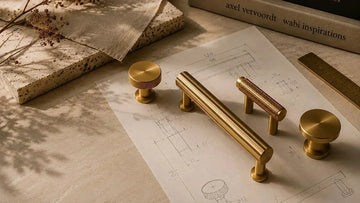 Solid brass cabinet knobs and pulls arranged on technical drawings showing millimetre dimensions, beside a brass ruler