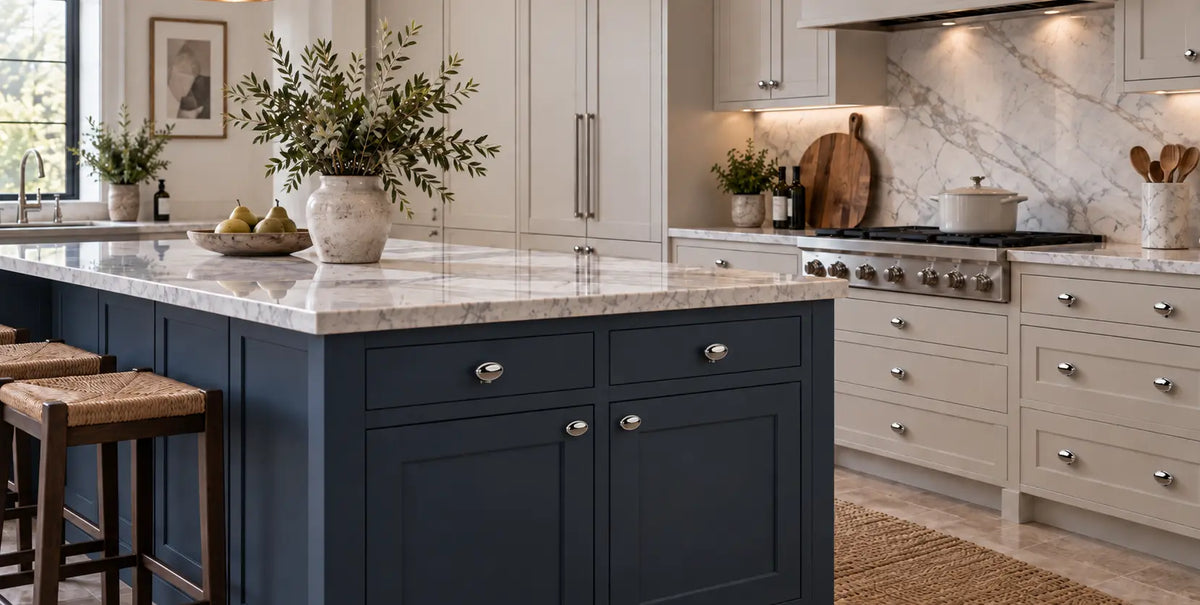 Polished chrome oval cabinet knobs fitted to navy kitchen island cupboards and cream shaker cabinetry in a marble kitchen.
