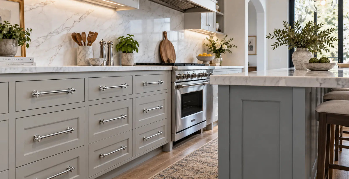 Polished chrome decorative cabinet pulls fitted to light grey shaker drawers in a bright marble kitchen.