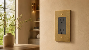 Brushed brass electrical outlet with black receptacle installed on a light beige wall in a modern living room