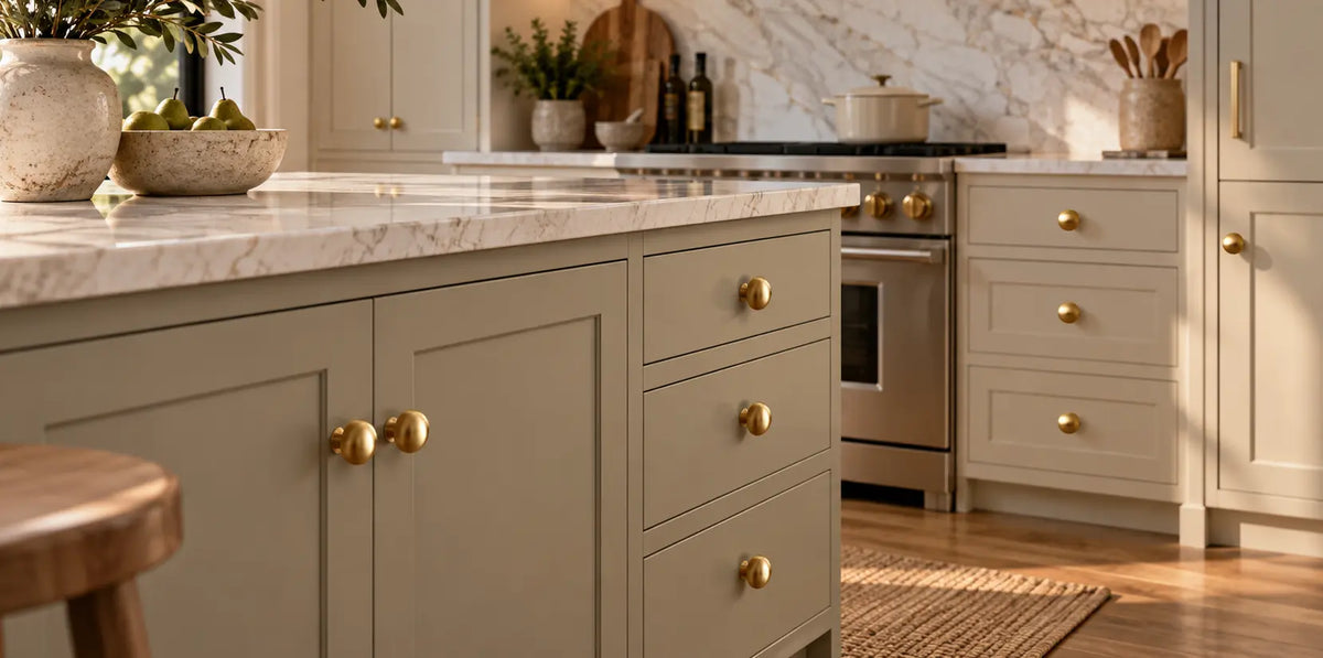 Round polished brass cabinet knobs fitted to warm neutral shaker cabinets and a marble kitchen island.