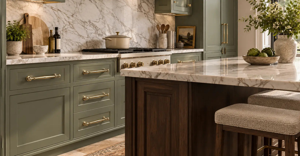 Polished brass decorative cabinet pulls installed on muted green shaker cabinets in a marble and dark wood kitchen.