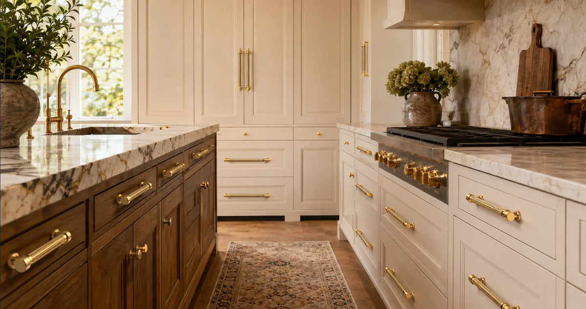 Luxury kitchen with polished brass cabinet hardware, featuring fluted brass pulls and matching round knobs on cream and wood cabinetry.