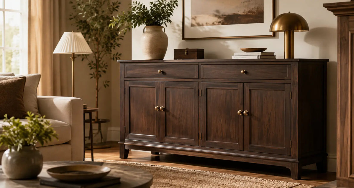 Warm living room with a dark wood sideboard featuring solid brass cabinet knobs, styled with neutral decor and soft natural light.