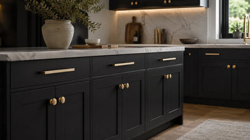 Modern charcoal kitchen with brushed brass cabinet hardware, featuring brass pulls and round knobs on dark cabinetry with marble countertops.