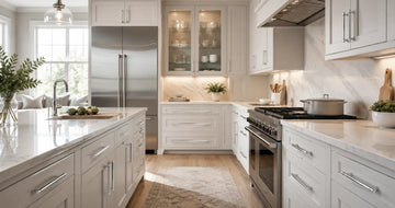 Bright modern kitchen with white cabinetry, marble countertops and polished chrome cabinet pulls and knobs throughout the space.