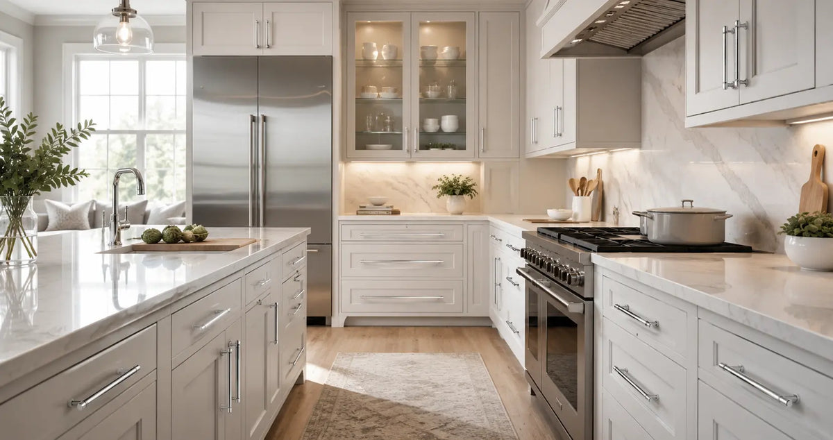 Bright modern kitchen with white cabinetry, marble countertops and polished chrome cabinet pulls and knobs throughout the space.