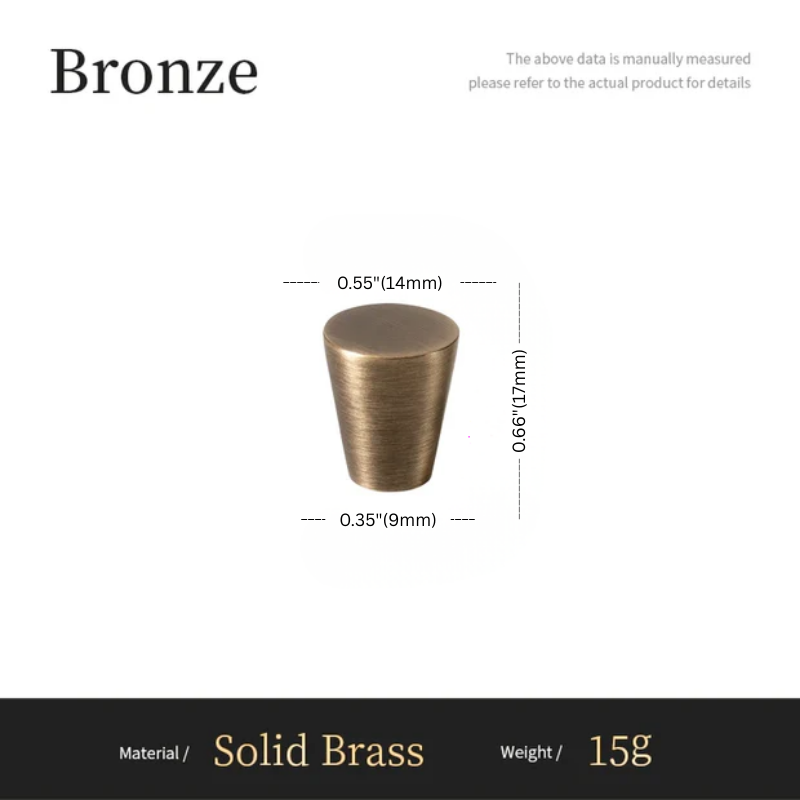 Bronze cylindrical object with dimensions and material details on a white background