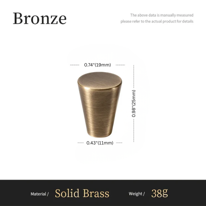 Bronze cylindrical object with dimensions and material details on a white background