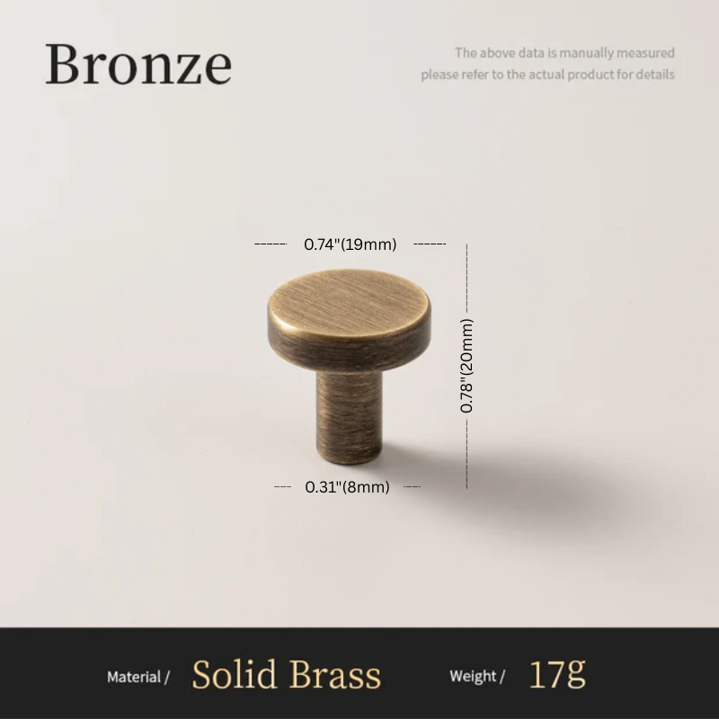 Bronze knob with dimensions and material details on a light gray background