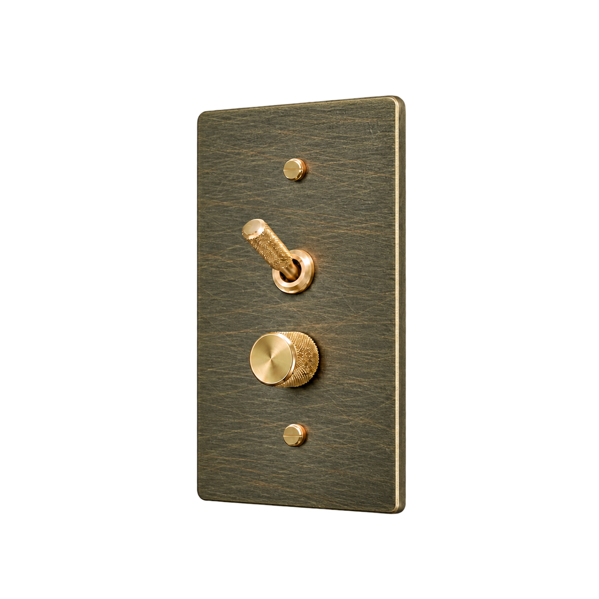 Knurled Brass Toggle & Dimmer Plate — 1-Gang — Aged Bronze (Hand-Brushed)