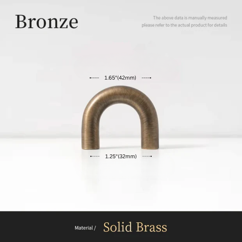 Bronze U-shaped handle with measurements on a white background