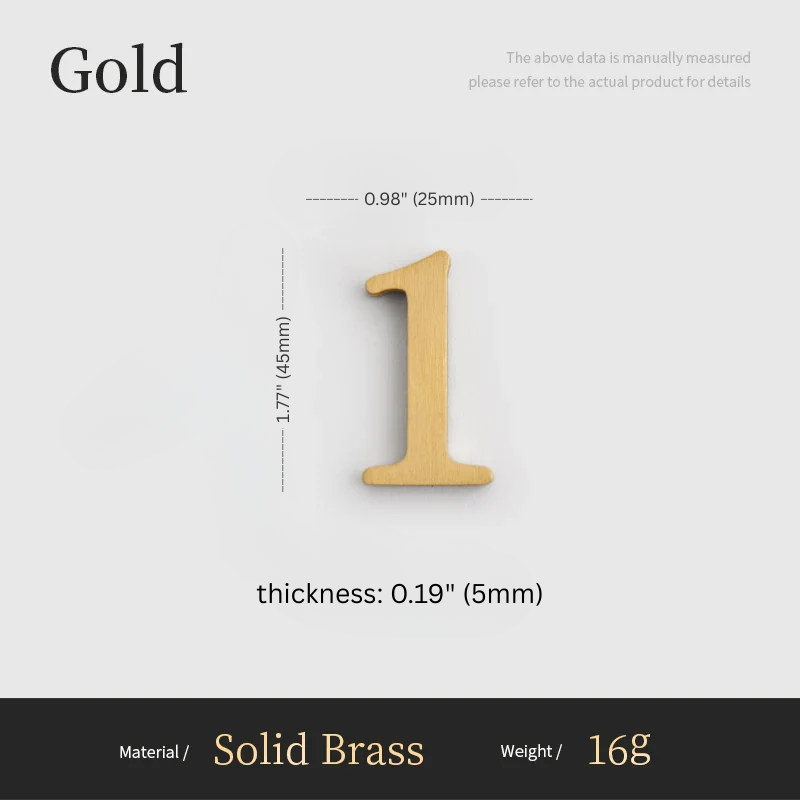 Gold number '1' with measurements on a white background