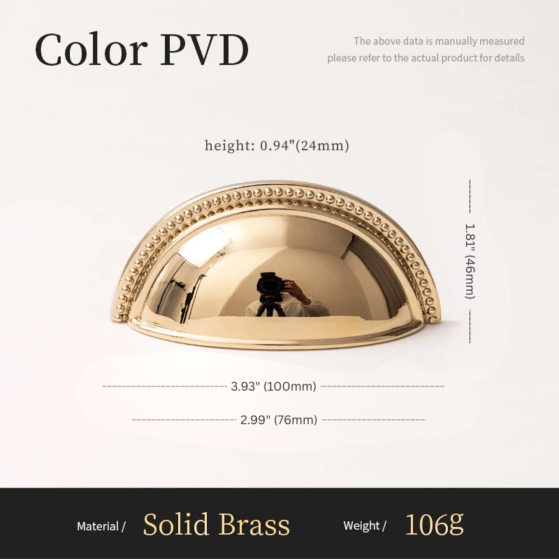 Gold-colored metallic object with dimensions and material details on a white background