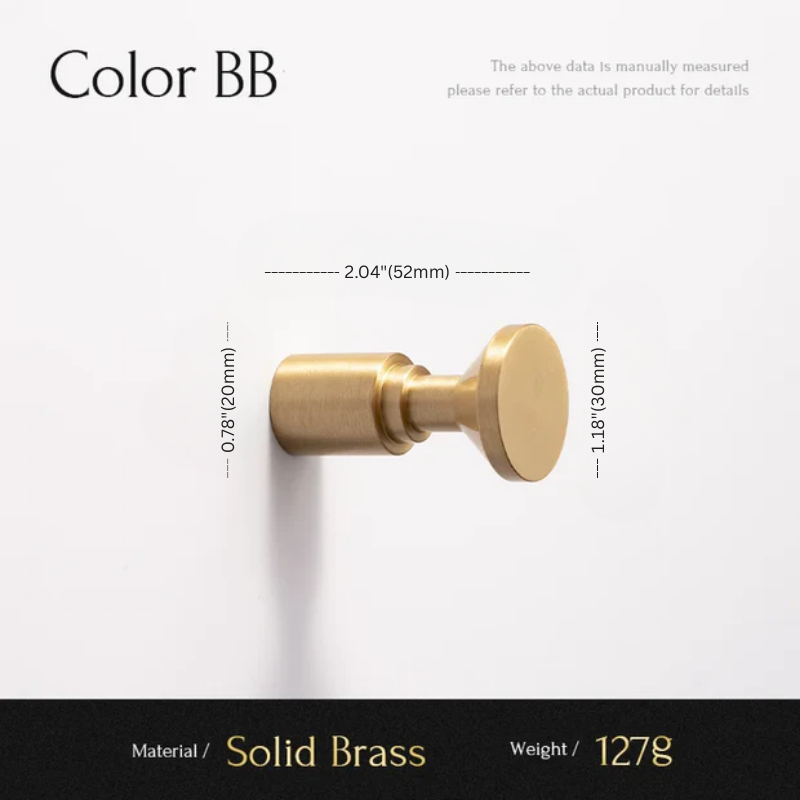 Gold door handle with dimensions and material details on a white background