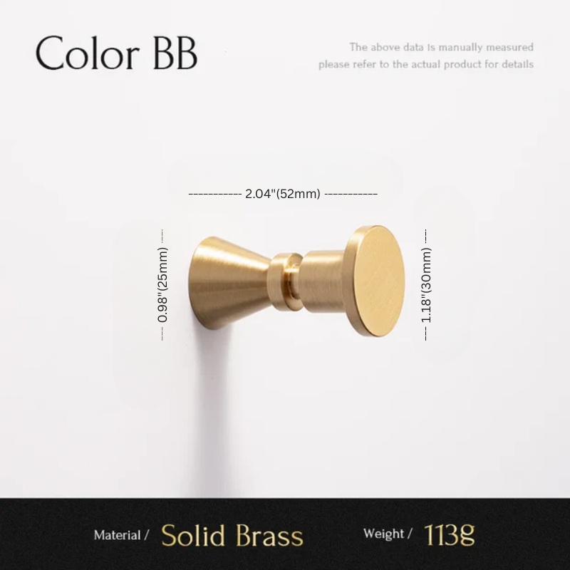 Gold door handle with dimensions and material details on a white background