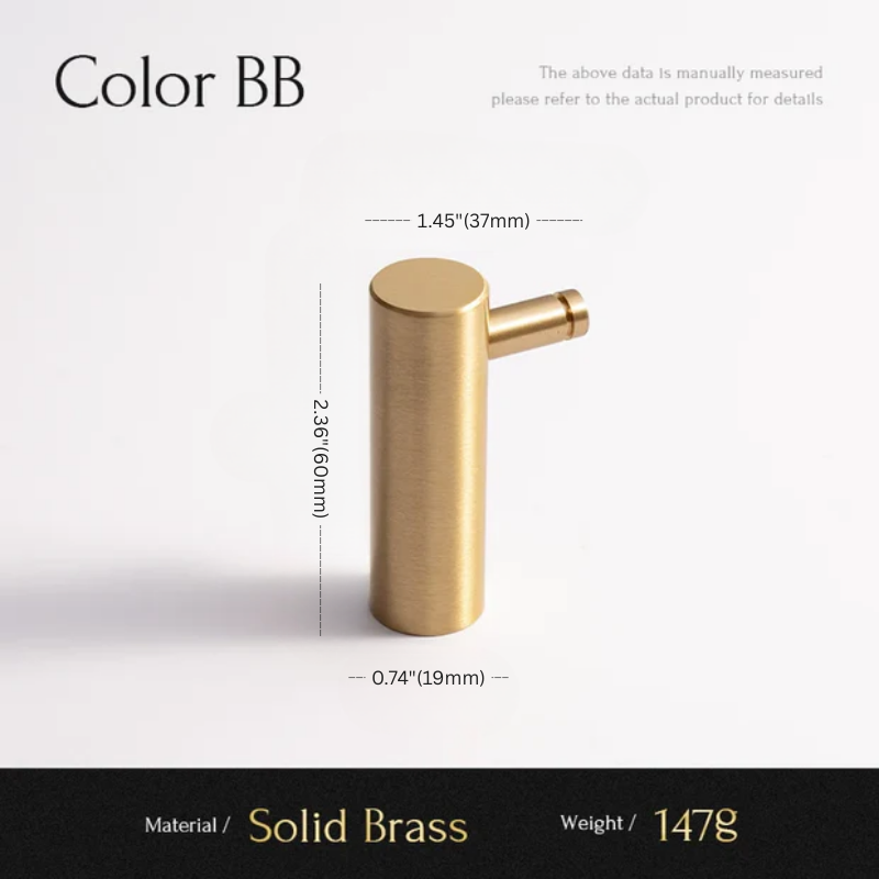 Gold-colored faucet handle with dimensions and material details on a white background