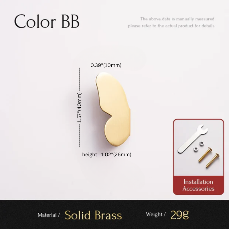 Gold eye-shaped object with measurements and installation accessories on a white background