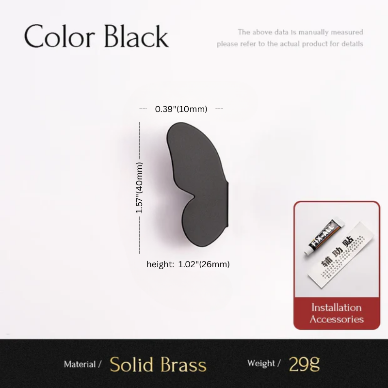 Black eye-shaped object with measurements and installation accessories on a white background