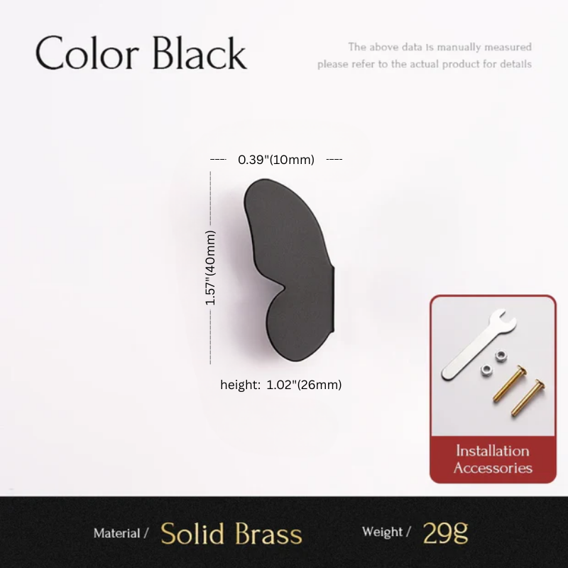 Black eye patch with measurements and installation accessories on a white background