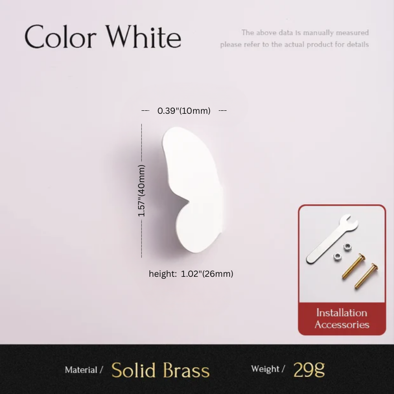 White wall-mounted fixture with dimensions and installation accessories on a light gray background