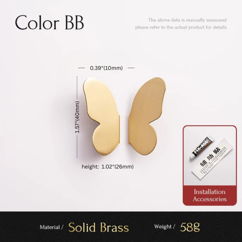 Gold butterfly-shaped objects with measurements and installation accessories on a white background