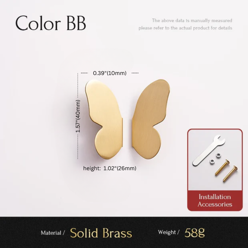 Gold butterfly-shaped earrings with measurements and installation accessories on a white background