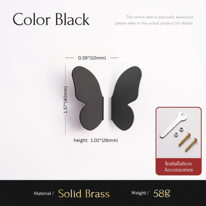 Black butterfly-shaped wall hooks with measurements and installation accessories on a white background