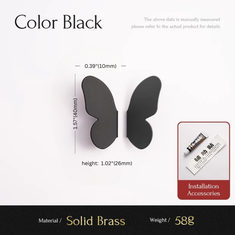 Black butterfly-shaped earrings with measurements and installation accessories on a white background