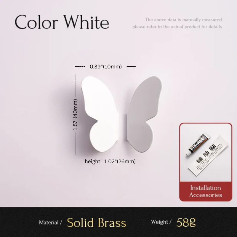 Butterfly-shaped wall light with dimensions and installation accessories on a white background