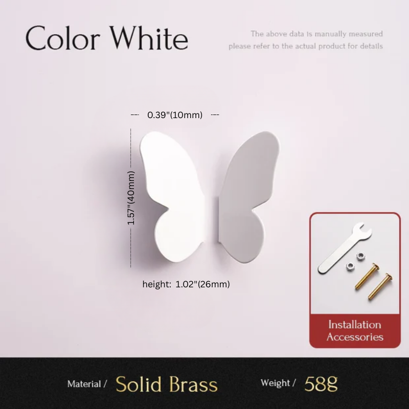 Butterfly-shaped wall decor with dimensions and installation accessories on a white background