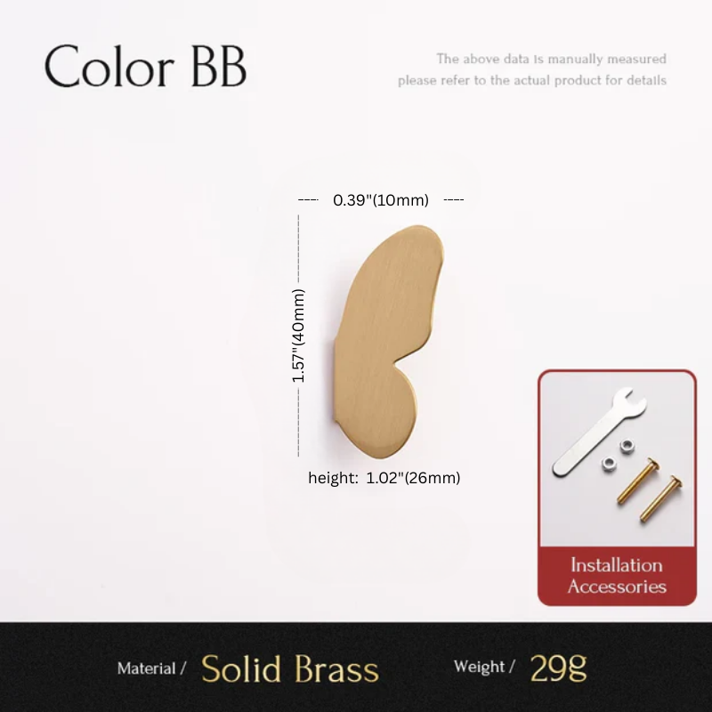 Product details of a solid brass component with dimensions and installation accessories on a white background.