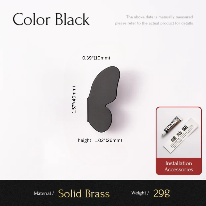 Black brass component with measurements and installation accessories on a white background