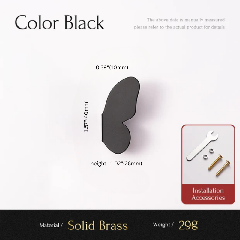 Black metal eyelet with dimensions and installation accessories on a white background