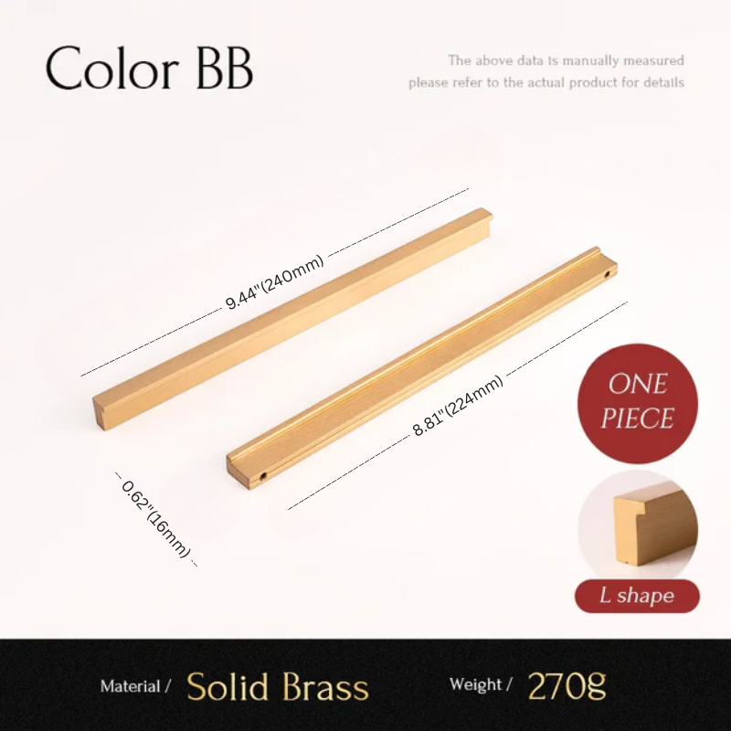 Measurement chart of a solid brass L-shaped bar with dimensions and material details.