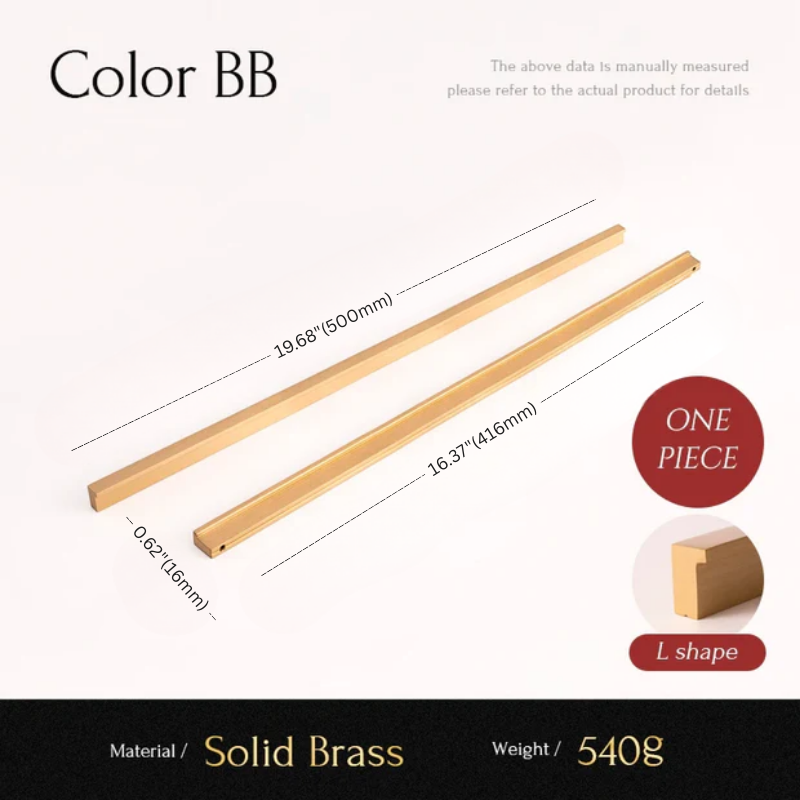 Two brass bars with dimensions and material details on a white background