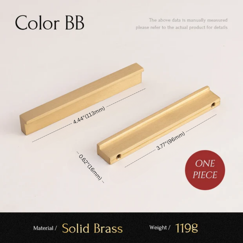 Two solid brass bars with measurements and material details on a light gray background