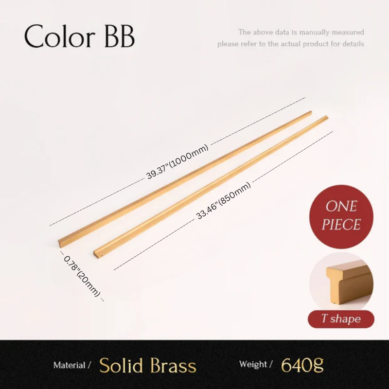 Two brass bars with measurements and material details on a white background