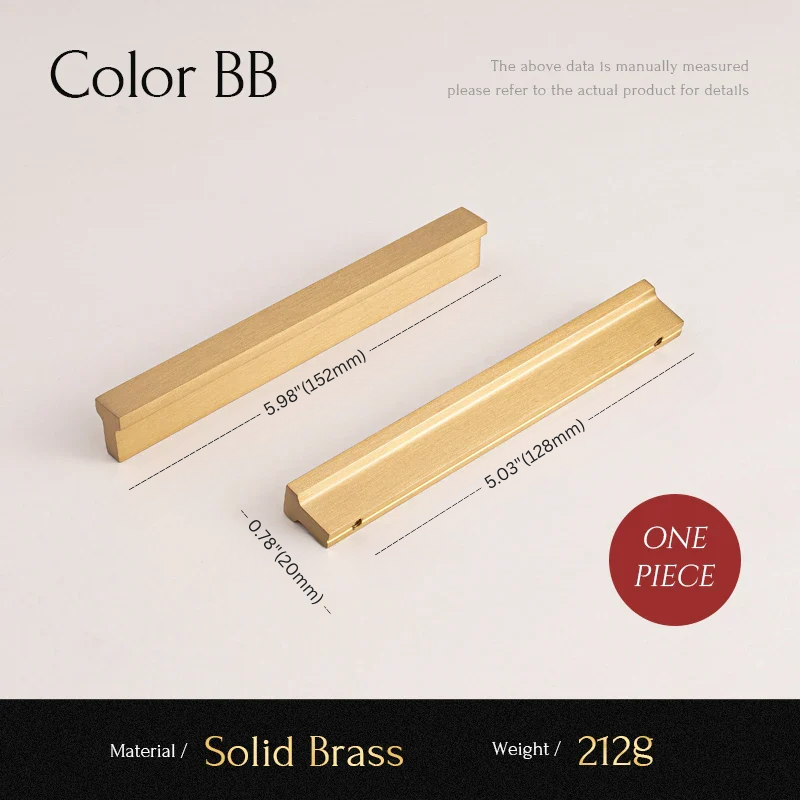 Two gold-colored brass bars with measurements on a light gray background