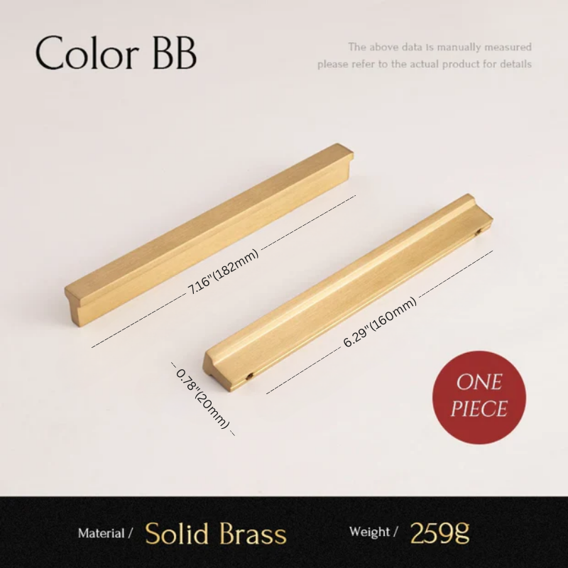 Two solid brass bars with measurements on a light gray background