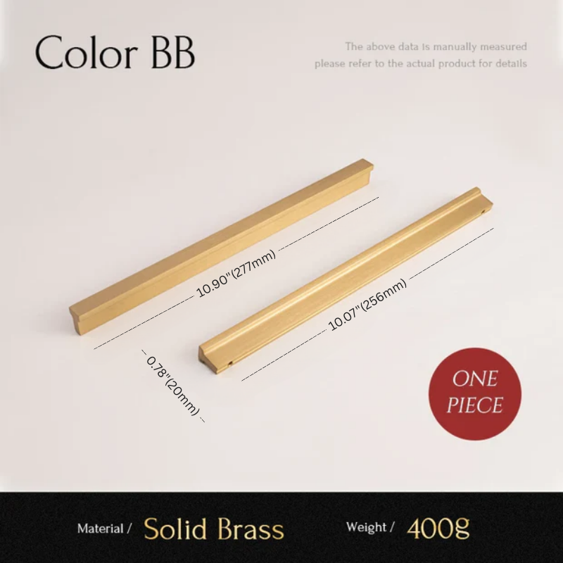 Two gold cabinet handles with measurements on a light gray background