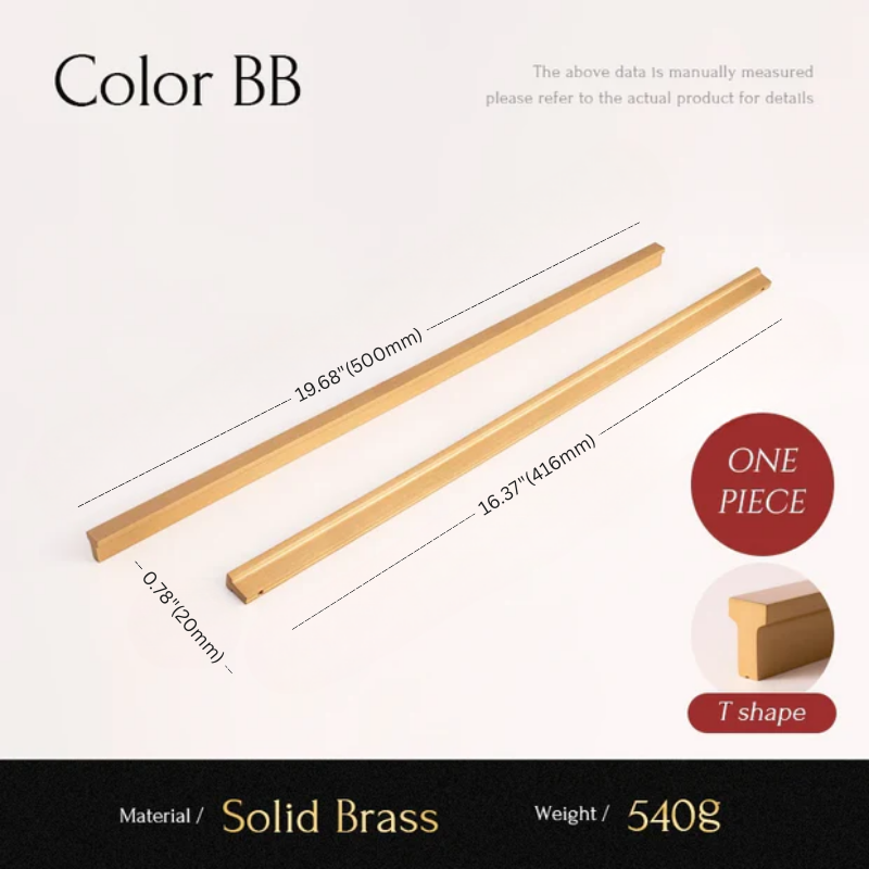 Two brass rods with measurements and product details on a white background