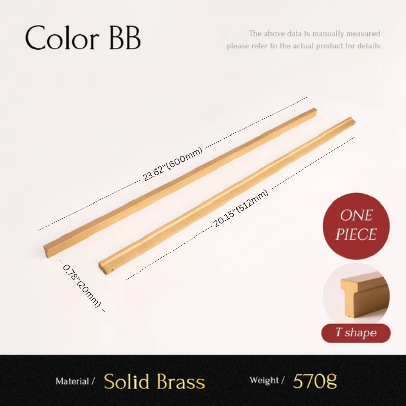 Two brass rods with measurements and product details on a white background