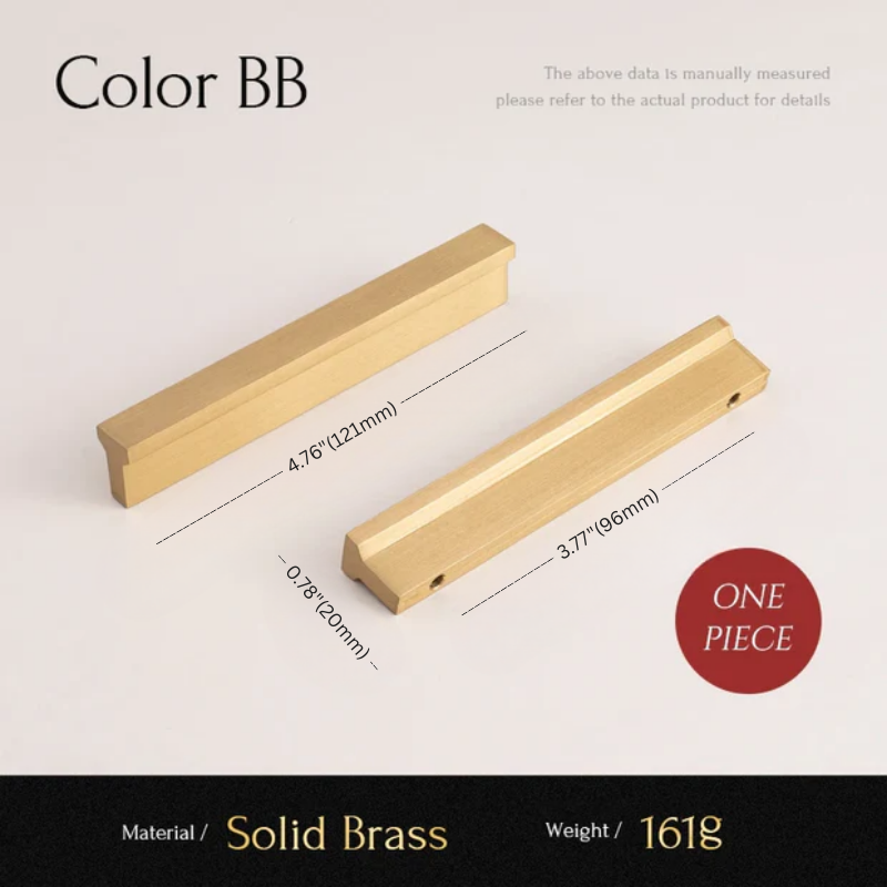 Two solid brass cabinet handles with measurements on a light gray background