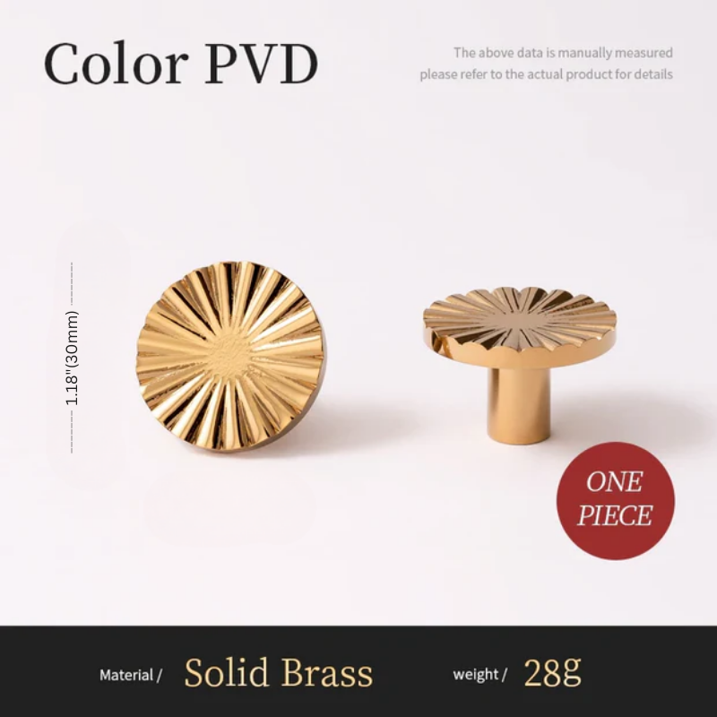 Two gold-colored knobs with measurements and material details on a white background