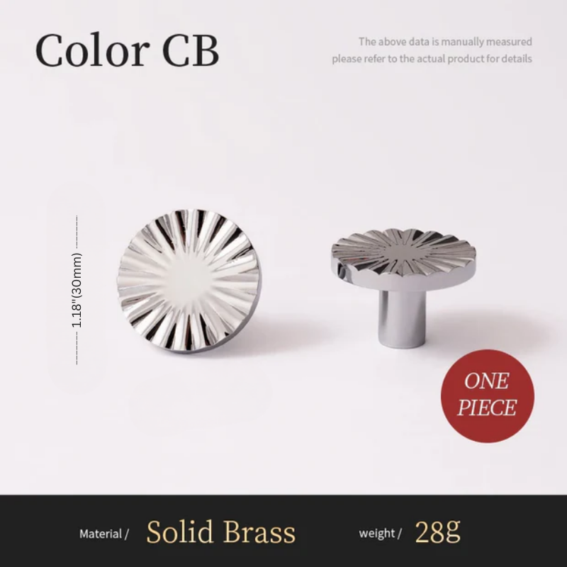 Two solid brass cabinet knobs on a white background with product details.