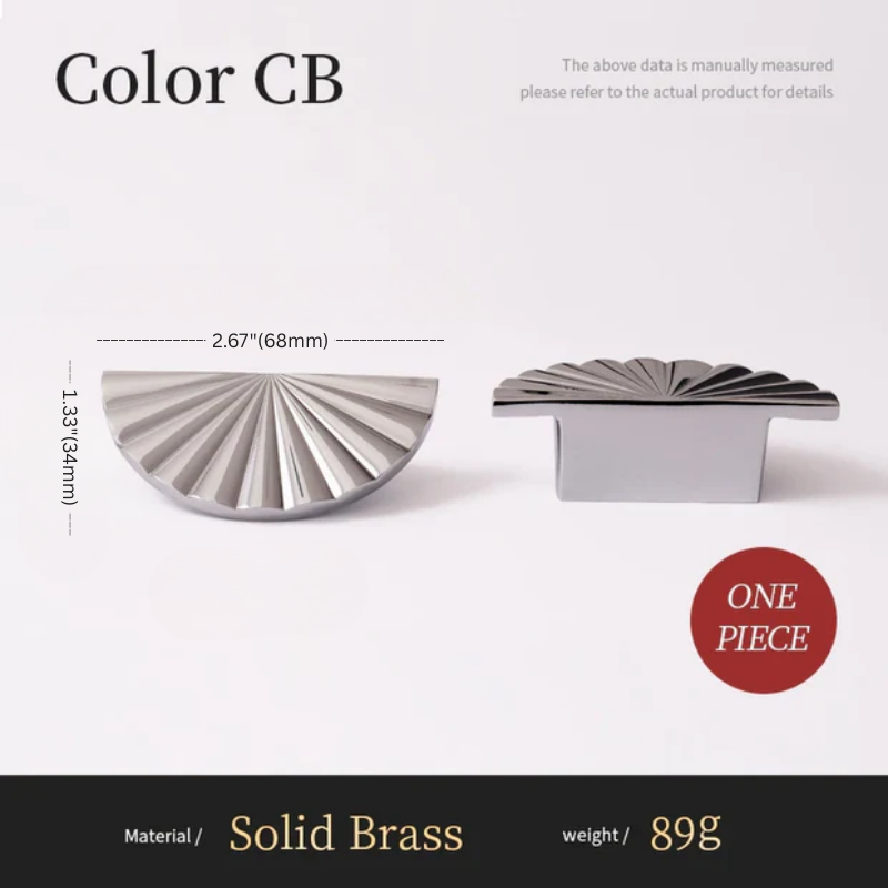 Two metallic cabinet knobs with dimensions and material details on a white background
