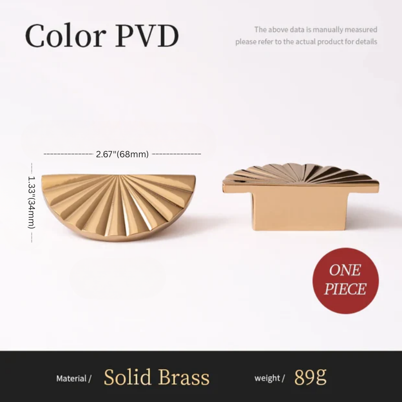 Two gold-colored metal knobs with dimensions and material details on a white background
